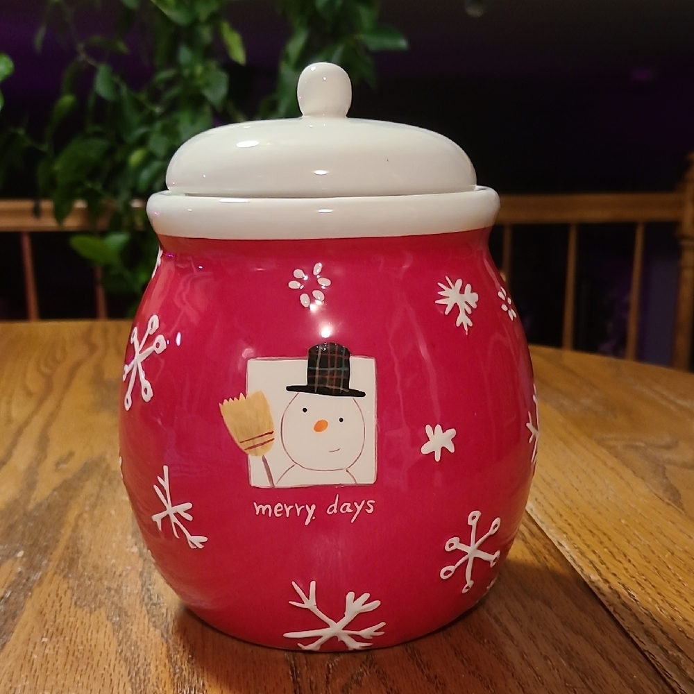 Hallmark Ceramic Merry Days Snowman Cookie Jar - Red and White